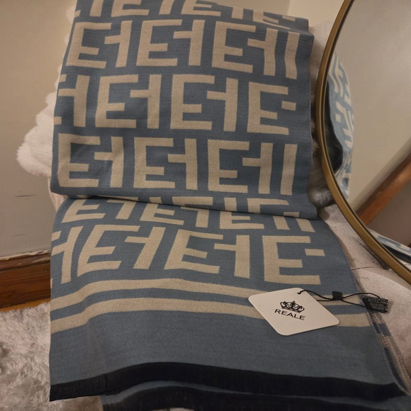 Reale Accessories - Reale teal blue beige and black frayed bottom scarf Viscose/Lambs Wool